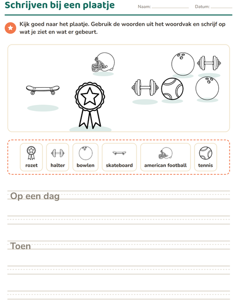 Voorbeeld van het Schrijven bij een plaatje-werkblad met Sport ZW voor groep 4