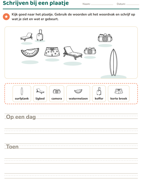 Voorbeeld van het Schrijven bij een plaatje-werkblad met Strand ZW 2 voor groep 4