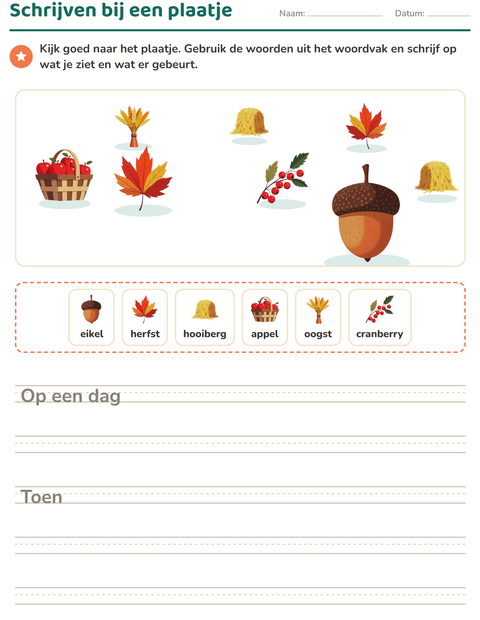 Voorbeeld van het Schrijven bij een plaatje-werkblad met Thanksgiving voor groep 4