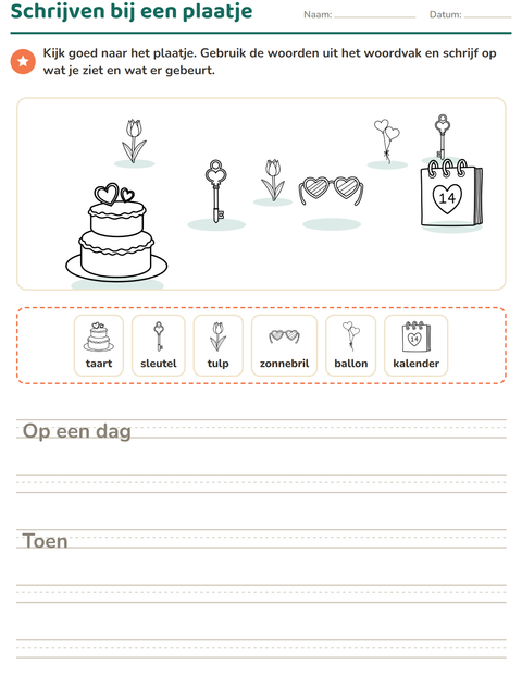Voorbeeld van het Schrijven bij een plaatje-werkblad met Valentijnsdag ZW 2 voor groep 4