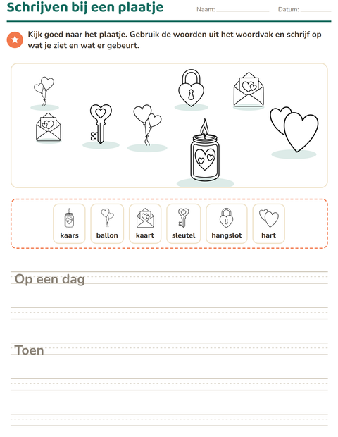 Voorbeeld van het Schrijven bij een plaatje-werkblad met Valentijnsdag ZW voor groep 4
