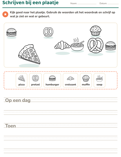 Voorbeeld van het Schrijven bij een plaatje-werkblad met Voedsel ZW 2 voor groep 4