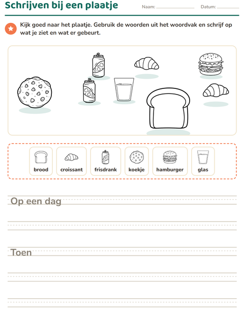 Voorbeeld van het Schrijven bij een plaatje-werkblad met Voedsel ZW 3 voor groep 4