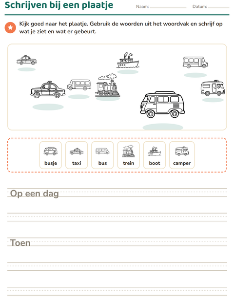 Voorbeeld van het Schrijven bij een plaatje-werkblad met Voertuigen ZW 2 voor groep 4