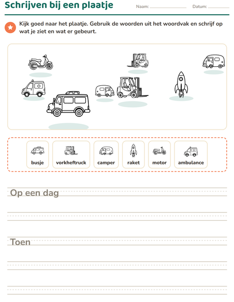 Voorbeeld van het Schrijven bij een plaatje-werkblad met Voertuigen ZW 3 voor groep 4
