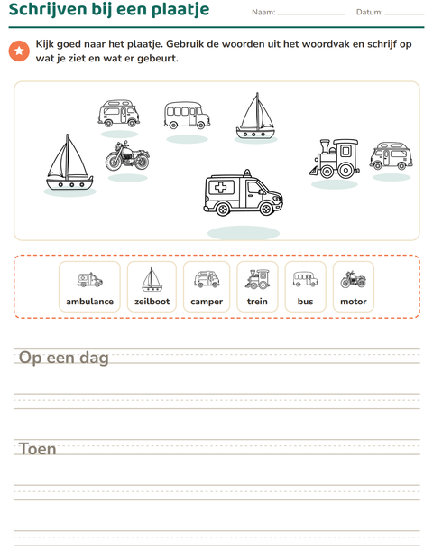 Voorbeeld van het Schrijven bij een plaatje-werkblad met Voertuigen ZW voor groep 4