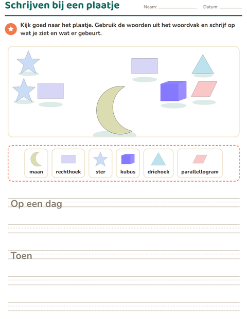 Voorbeeld van het Schrijven bij een plaatje-werkblad met Vormen voor groep 4