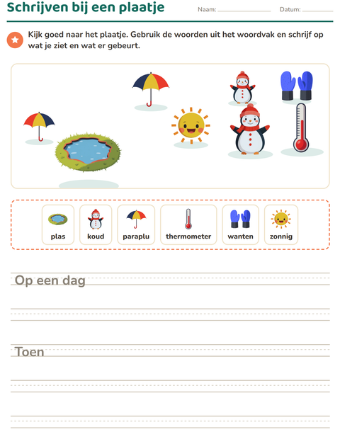 Voorbeeld van het Schrijven bij een plaatje-werkblad met Weer voor groep 4