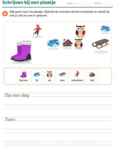 Voorbeeld van het Schrijven bij een plaatje-werkblad met Winter voor groep 4