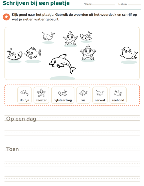 Voorbeeld van het Schrijven bij een plaatje-werkblad met Zeeleven ZW 2 voor groep 4
