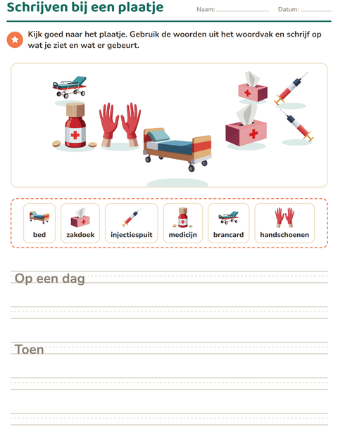 Voorbeeld van het Schrijven bij een plaatje-werkblad met Ziekenhuis voor groep 4