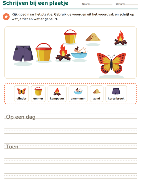 Voorbeeld van het Schrijven bij een plaatje-werkblad met Zomer voor groep 4