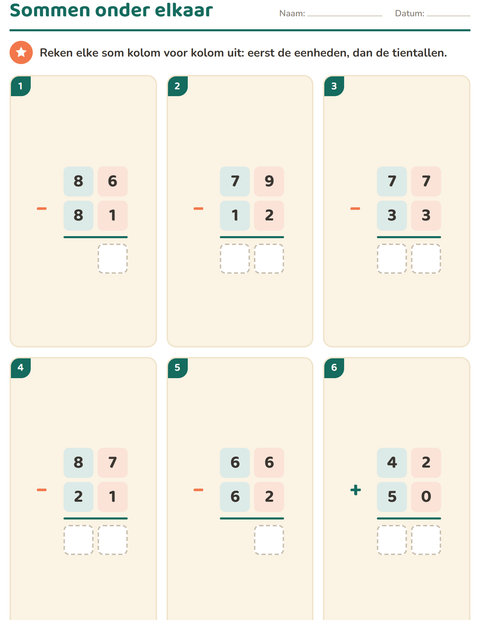 Voorbeeld van het Sommen onder elkaar-werkblad voor groep 4