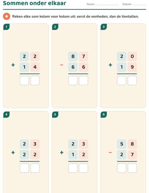 Voorbeeld van het Sommen onder elkaar-werkblad voor groep 4