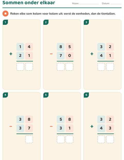 Voorbeeld van het Sommen onder elkaar-werkblad voor groep 4