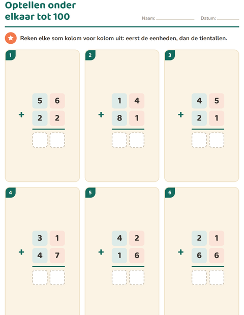 Voorbeeld van het Sommen onder elkaar-werkblad voor groep 4