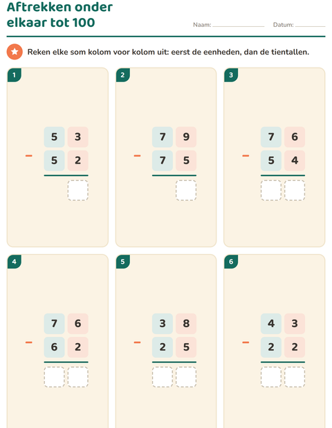 Voorbeeld van het Sommen onder elkaar-werkblad voor groep 4