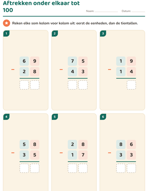 Aftrekken onder elkaar tot 100