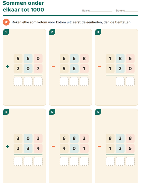 Voorbeeld van het Sommen onder elkaar-werkblad voor groep 4