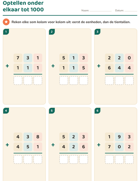 Voorbeeld van het Sommen onder elkaar-werkblad voor groep 4
