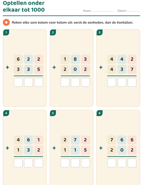 Voorbeeld van het Sommen onder elkaar-werkblad voor groep 4