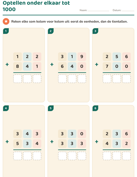 Optellen onder elkaar tot 1000