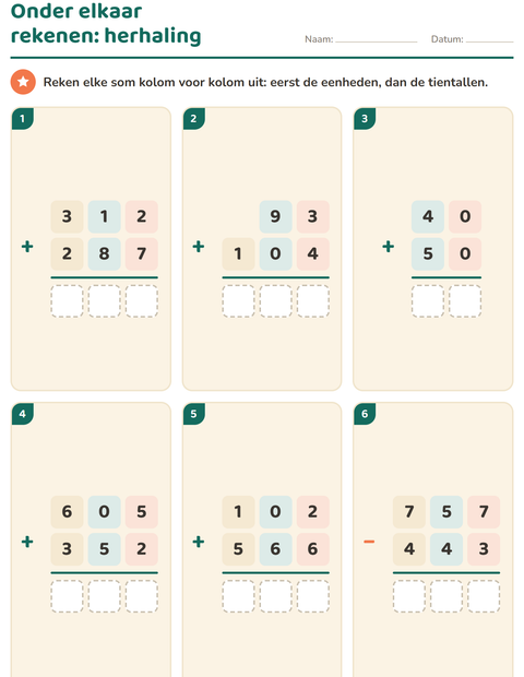 Voorbeeld van het Sommen onder elkaar-werkblad voor groep 4