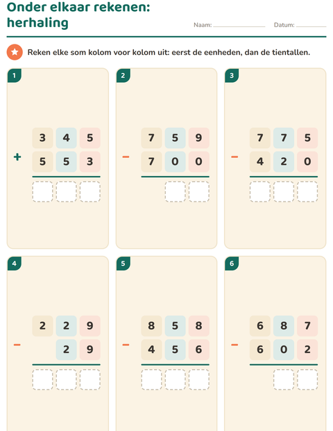 Voorbeeld van Onder elkaar rekenen: herhaling