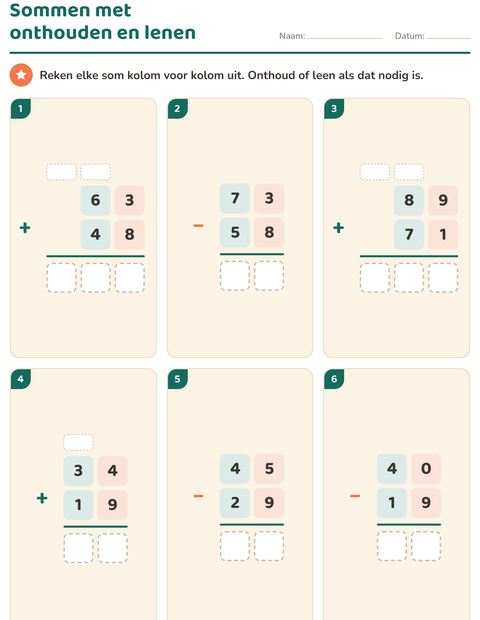 Voorbeeld van het Sommen onder elkaar-werkblad voor groep 5