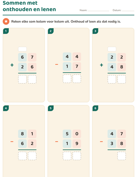 Voorbeeld van het Sommen onder elkaar-werkblad voor groep 5