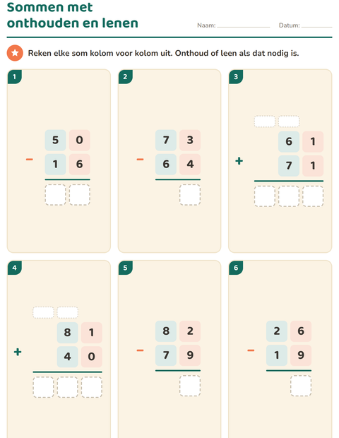 Voorbeeld van het Sommen onder elkaar-werkblad voor groep 5