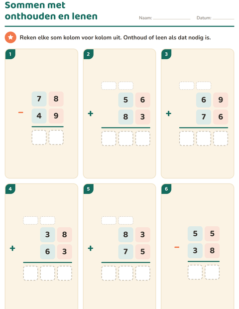 Voorbeeld van het Sommen onder elkaar-werkblad voor groep 5