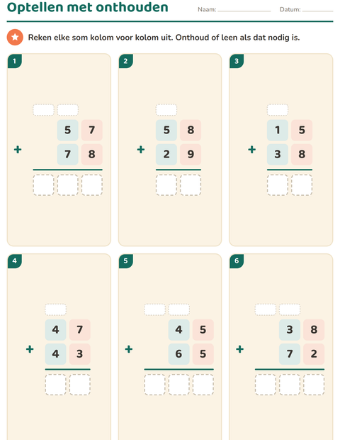 Voorbeeld van het Sommen onder elkaar-werkblad voor groep 5