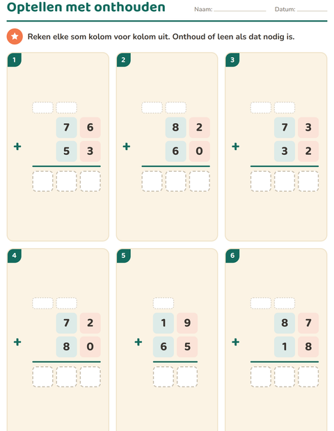Voorbeeld van het Sommen onder elkaar-werkblad voor groep 5