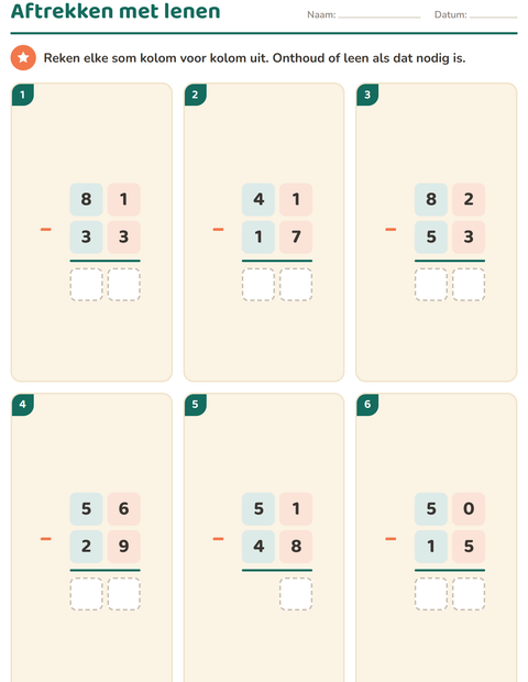 Voorbeeld van het Sommen onder elkaar-werkblad voor groep 5