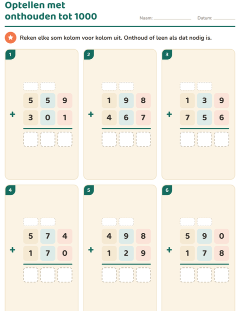 Voorbeeld van het Sommen onder elkaar-werkblad voor groep 5