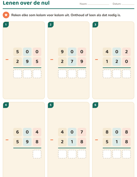 Voorbeeld van het Sommen onder elkaar-werkblad voor groep 5