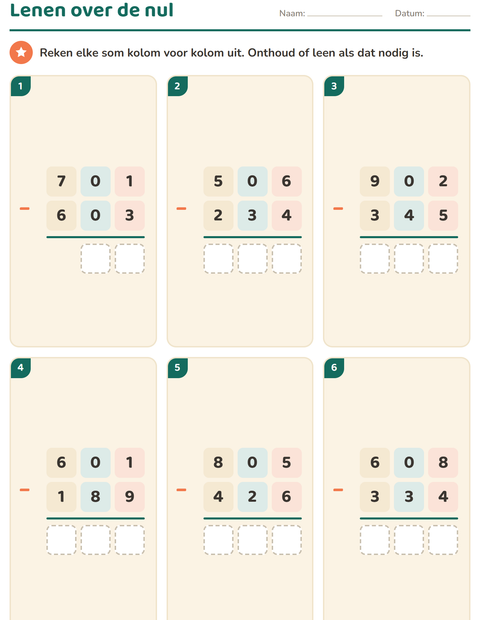 Voorbeeld van het Sommen onder elkaar-werkblad voor groep 5