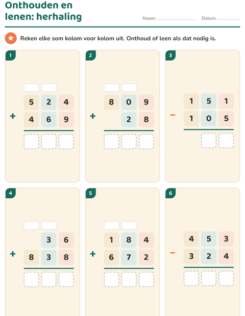 Voorbeeld van het Sommen onder elkaar-werkblad voor groep 5