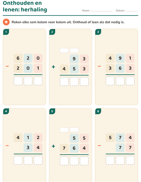 Voorbeeld van het Sommen onder elkaar-werkblad voor groep 5