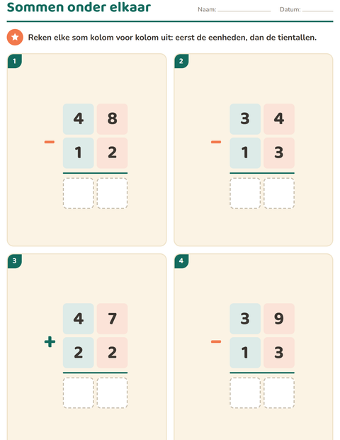 Voorbeeld van het Sommen onder elkaar-werkblad voor groep 4