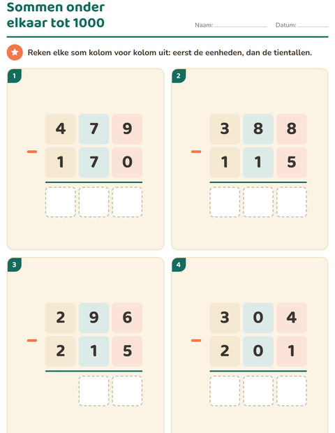 Voorbeeld van het Sommen onder elkaar-werkblad voor groep 4