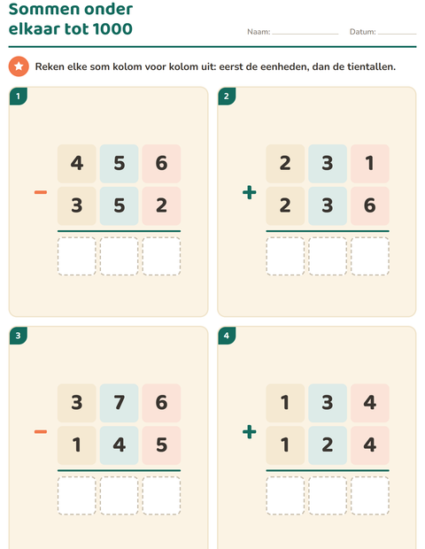 Voorbeeld van het Sommen onder elkaar-werkblad voor groep 4
