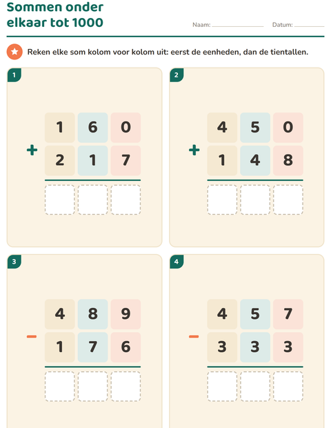 Voorbeeld van het Sommen onder elkaar-werkblad voor groep 4