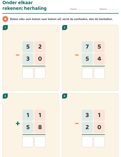 Voorbeeld van het Sommen onder elkaar-werkblad voor groep 4