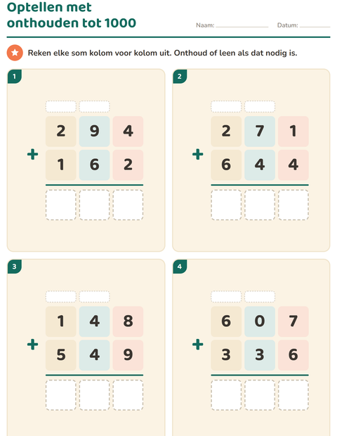Voorbeeld van het Sommen onder elkaar-werkblad voor groep 5