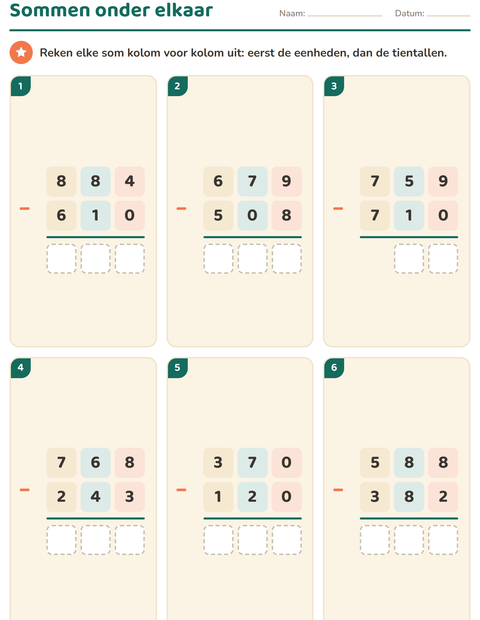 Voorbeeld van het Sommen onder elkaar-werkblad voor groep 4