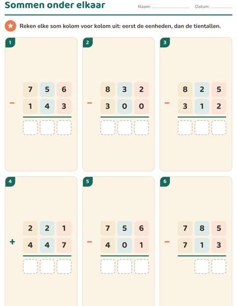 Voorbeeld van het Sommen onder elkaar-werkblad voor groep 4