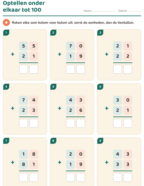 Voorbeeld van het Sommen onder elkaar-werkblad voor groep 4