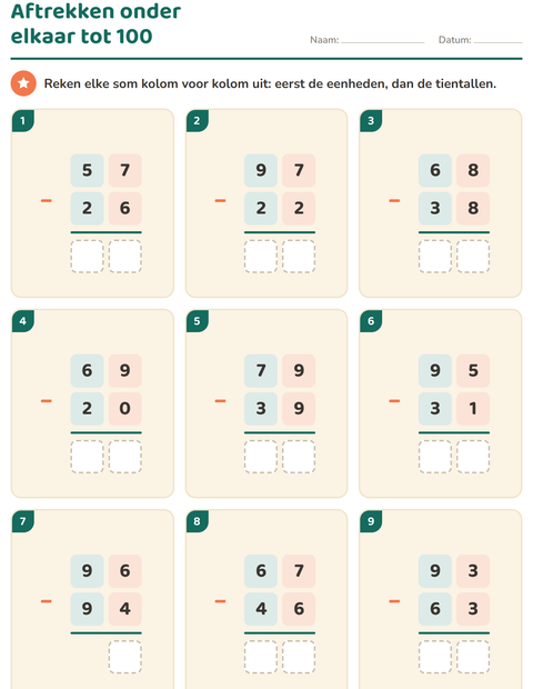 Voorbeeld van het Sommen onder elkaar-werkblad voor groep 4
